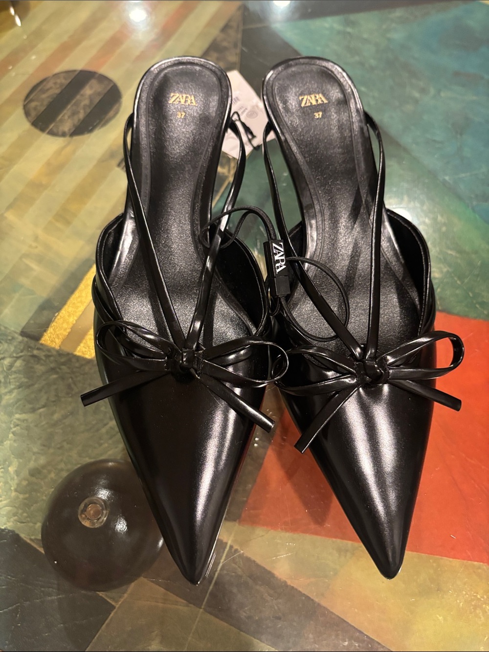 Zara Black Pointed Bow Slingback Mules with Thin Straps